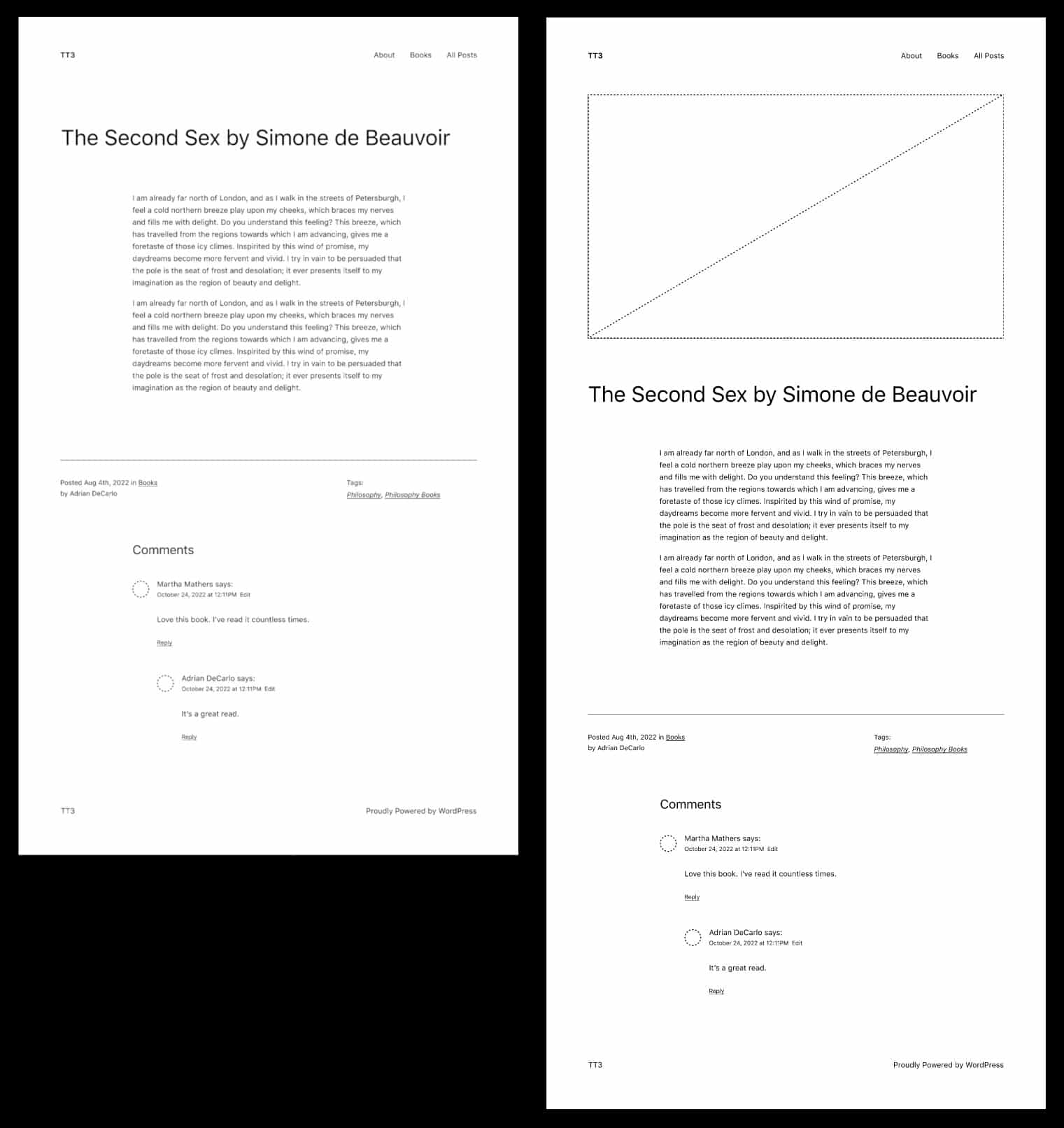 Aperçu d'un article individuel avec et sans image mise en avant dans Twenty Twenty-Three