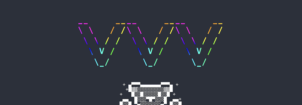 En blå baggrund indeholdende 8-bit ASCII-kunst af Varying Vagrant Vagrants-logoet (