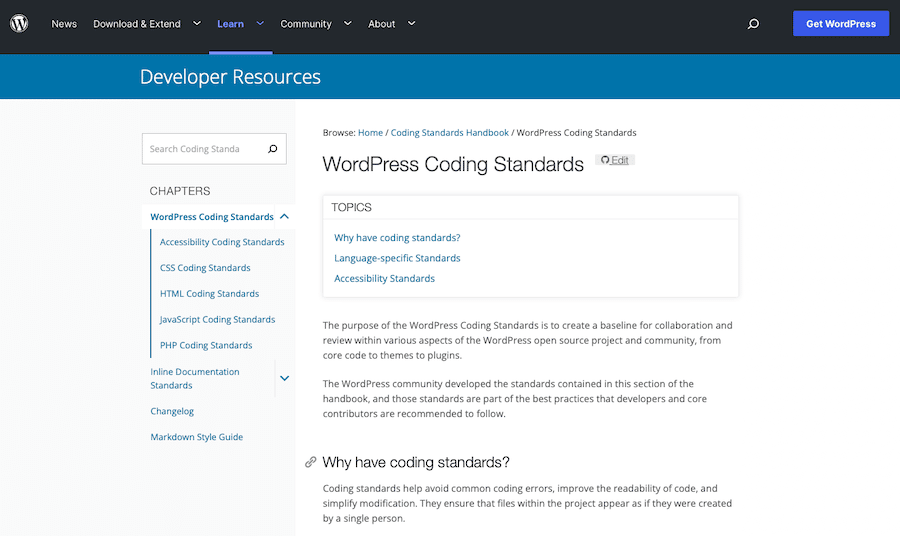 WordPress Coding Standards in de officiële WordPress Codex.