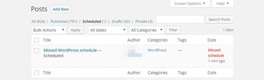 Backend della sezione articoli di WordPress dove uno degli articoli presenta, in corrispondenza del campo Data, il messaggio Missed Schedule