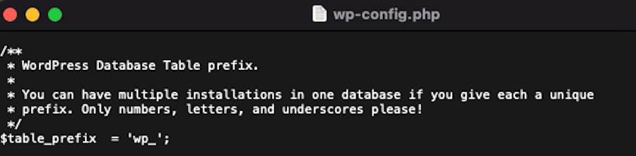 Un editor di codice dove compare una porzione del file wp-config.php