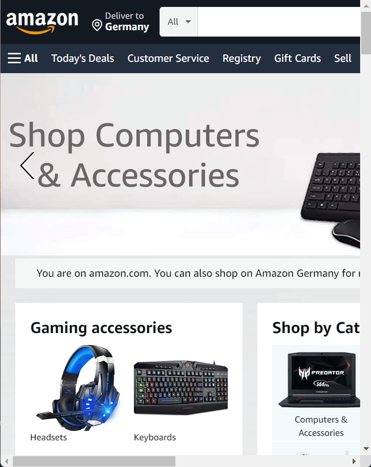 So sieht die Website von Amazon aus, wenn das Browserfenster deutlich verkleinert wird