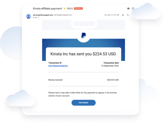 Schermata di un pagamento PayPal di un affiliato Kinsta
