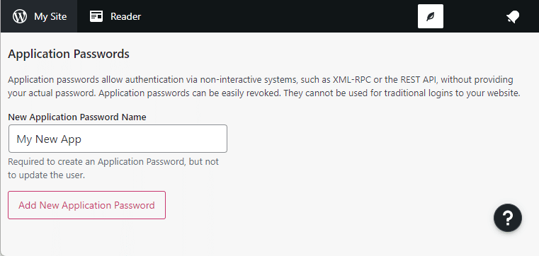 Application Passwords plugin dashboard.