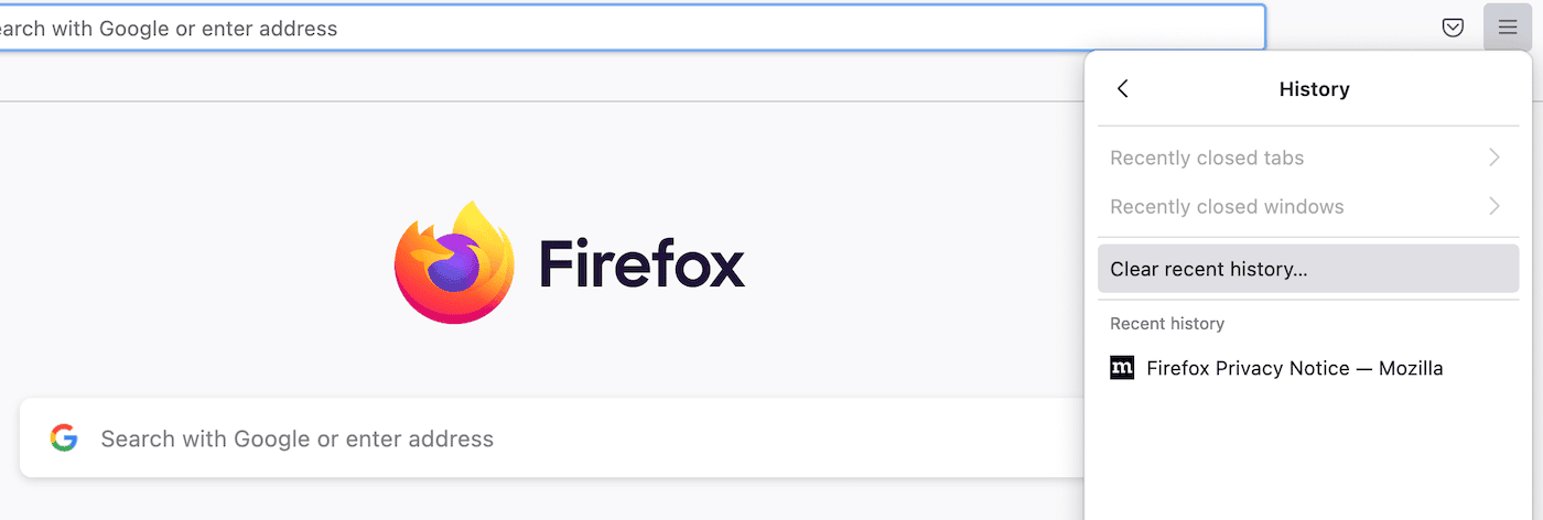 Limpar histórico recente no Firefox.