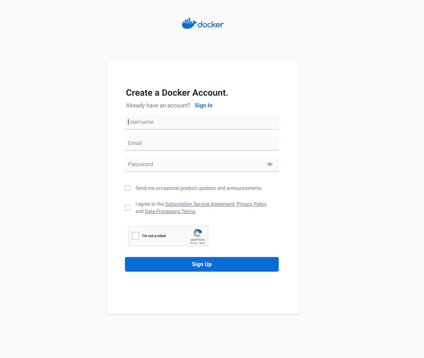 Modulo di Docker in cui inserire nome e email per creare l’account