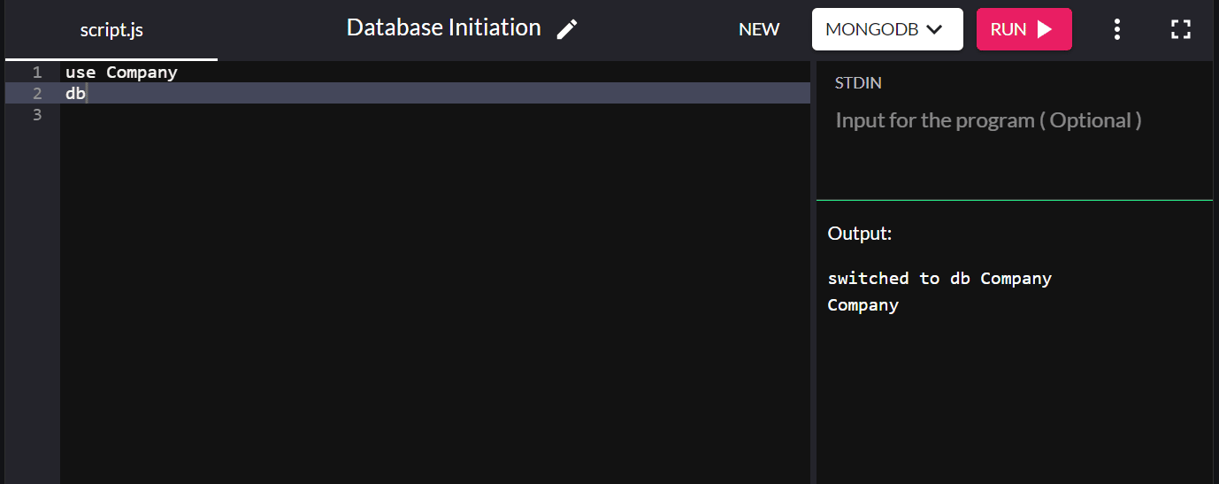 Este es un fragmento de código para crear una base de datos en MongoDB.