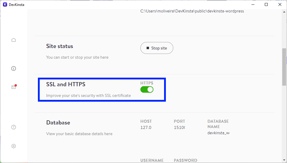 Schermata di DevKinsta con le opzioni SSL e HTTPS.