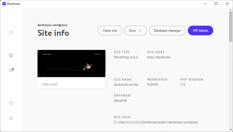 DevKinsta's WordPress site infoscherm.