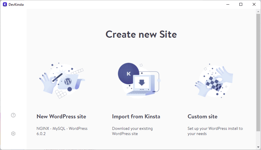 Menú Crear nuevo sitio de DevKinsta.