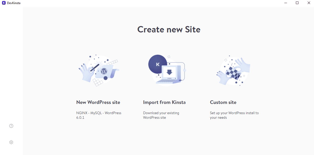 DevKinsta's new create new site screen.