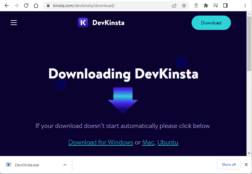 Pagina di installazione da cui scaricare DevKinsta.