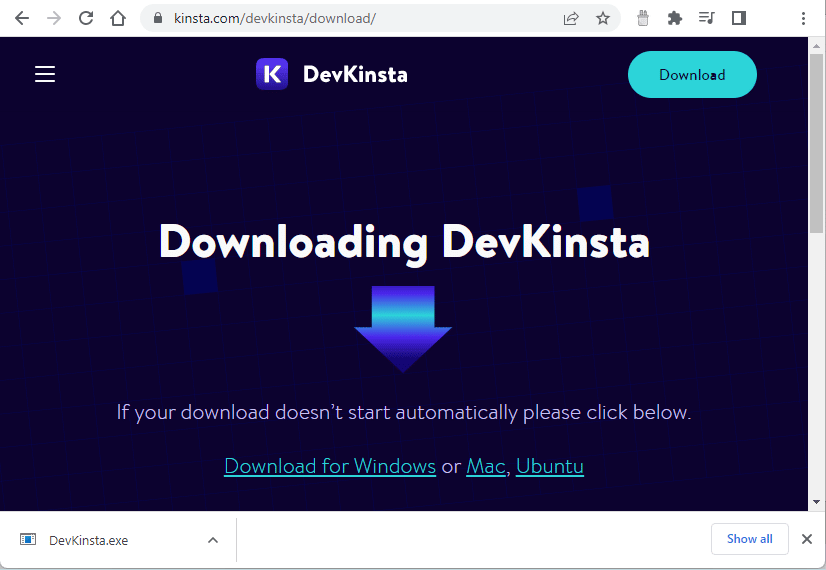 DevKinsta installationsside.