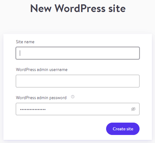 DevKinsta「新規WordPressサイト」選択後に表示されるフォーム