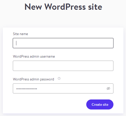 DevKinsta's new WordPress site creation screen.