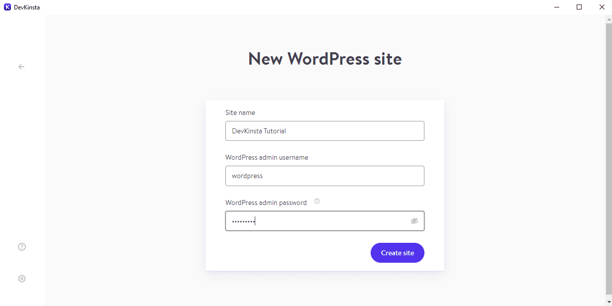 L'écran de création de nouveau site WordPress de DevKinsta.