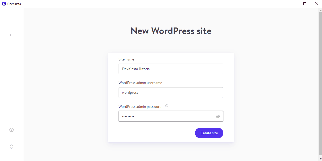 DevKinsta's new WordPress site creation screen.