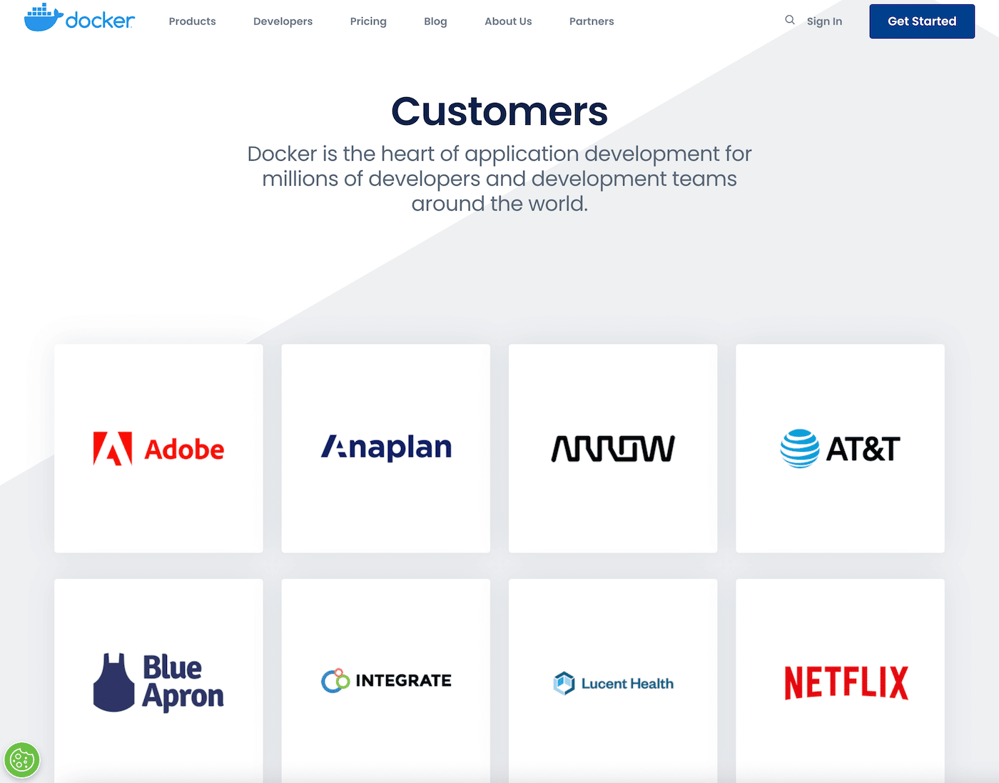 Schermata delle aziende che usano Docker, tra cui Adobe, AT&T, Blue Apron e Netflix