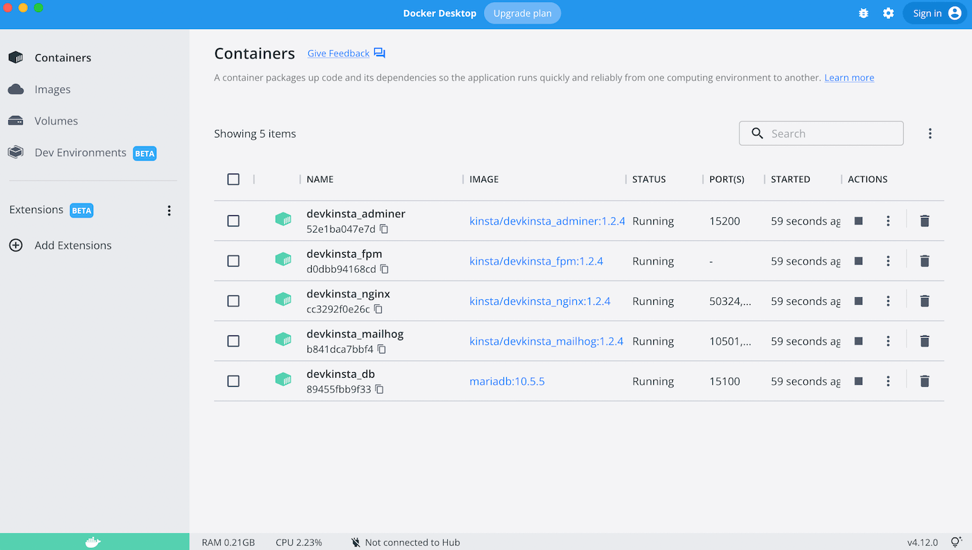 Een afbeelding die laat zien hoe het Docker Desktop dashboard eruitziet