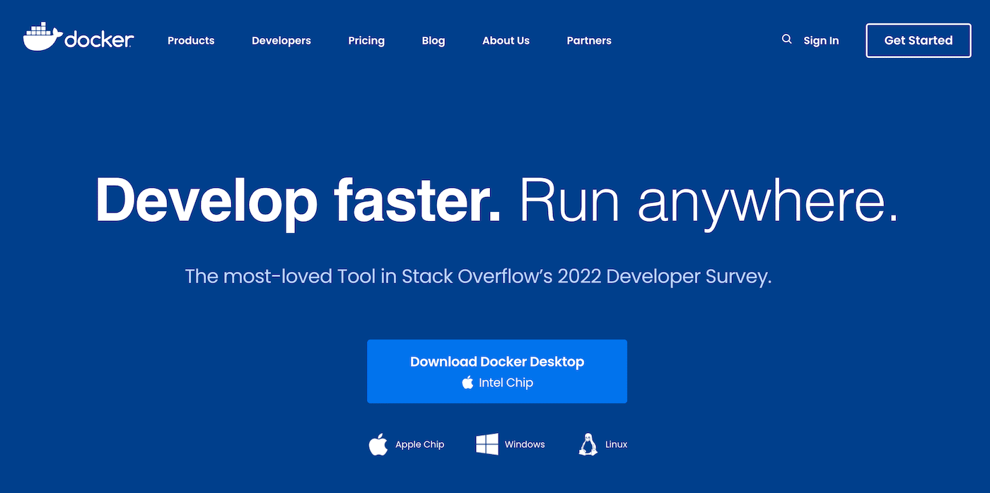 Il sito web di Docker con il motto Develop Faster, Run anywhere