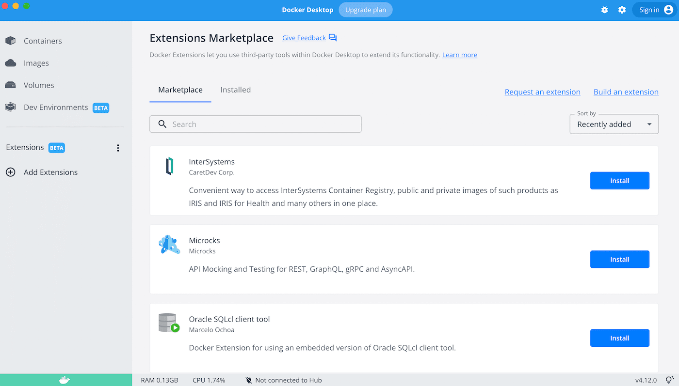 Mercado de Extensões do Docker Desktop