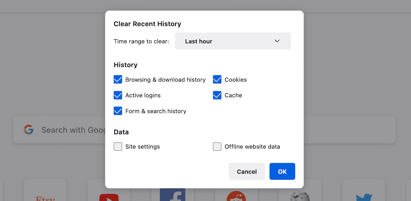 Recuerda seleccionar la opción Caché en Firefox