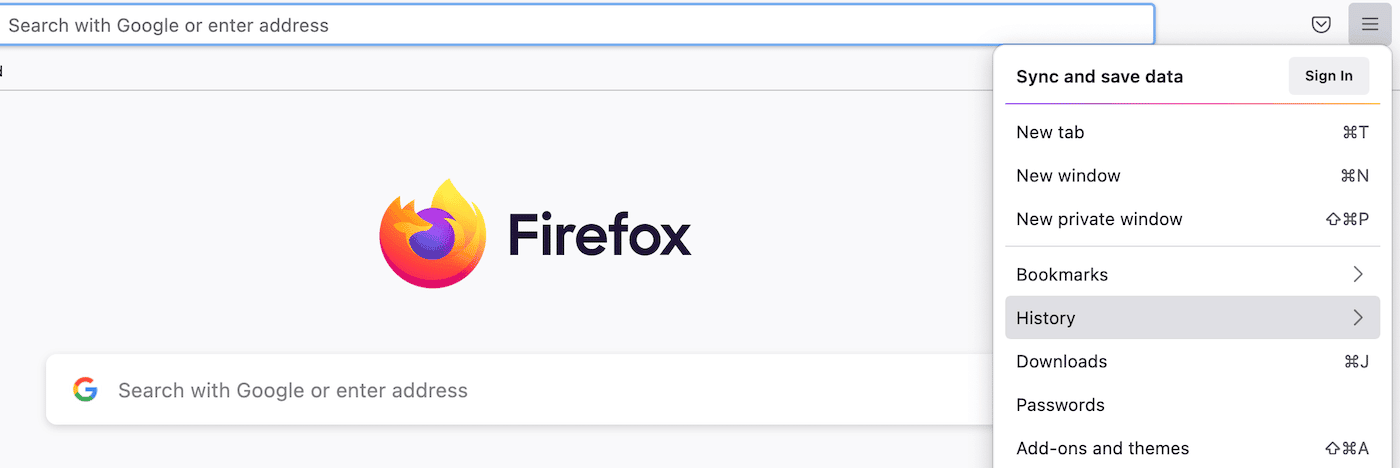 Vælg historik i Firefox browser