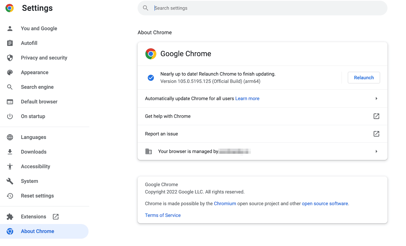 Søger efter en ny opdatering i Google Chrome