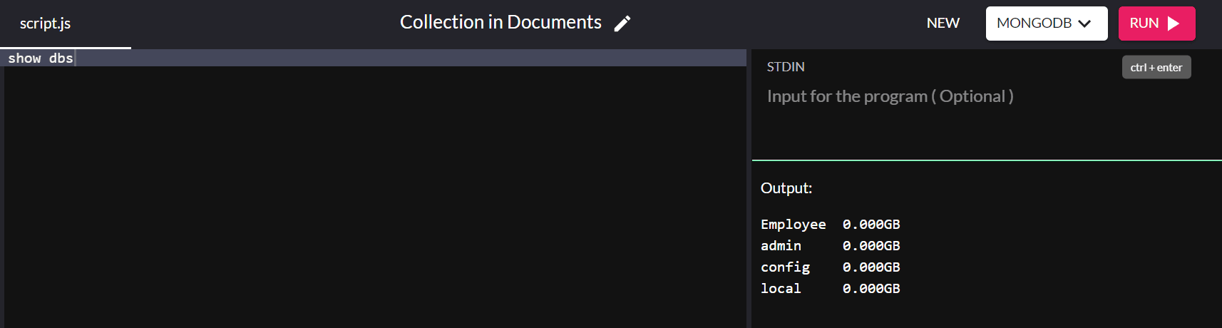 The output shows the Employee collection in the existing databases in our system.