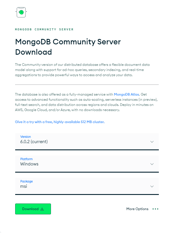 Dette billede viser de tilgængelige muligheder - Version, Platform og Pakke under download af MongoDB Community Server.