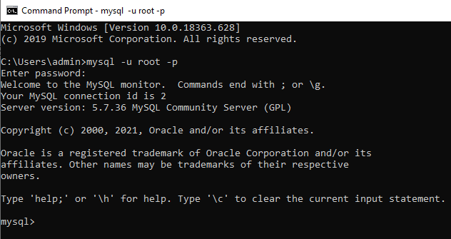 Schermata del Command Prompt per accedere da MySQL tramite il Terminal.