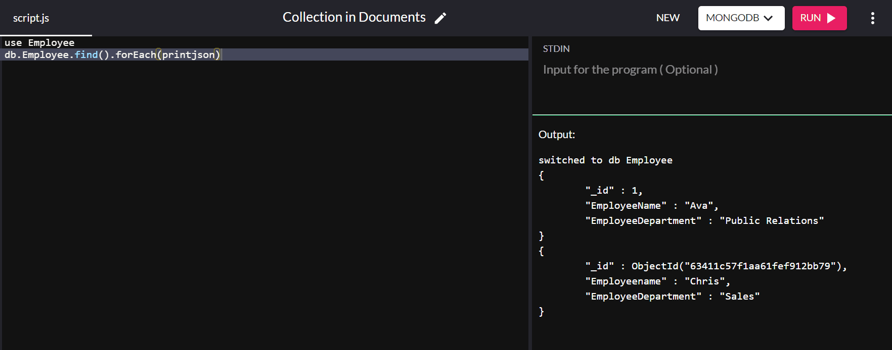 The output shows the documents in the Employee collection along with their primary key