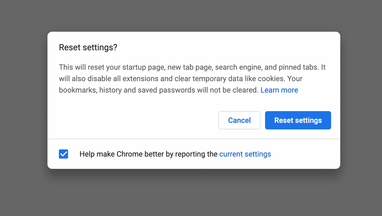 Confirm settings reset popup box