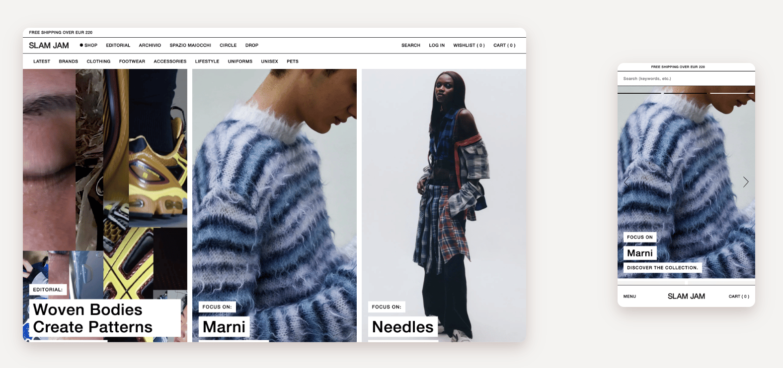 Un esempio di responsive page da Slam Jam, un brand di abbigliamento urbano con alcune modelle nella homepage che indossano un maglione a righe azzurre e bianche