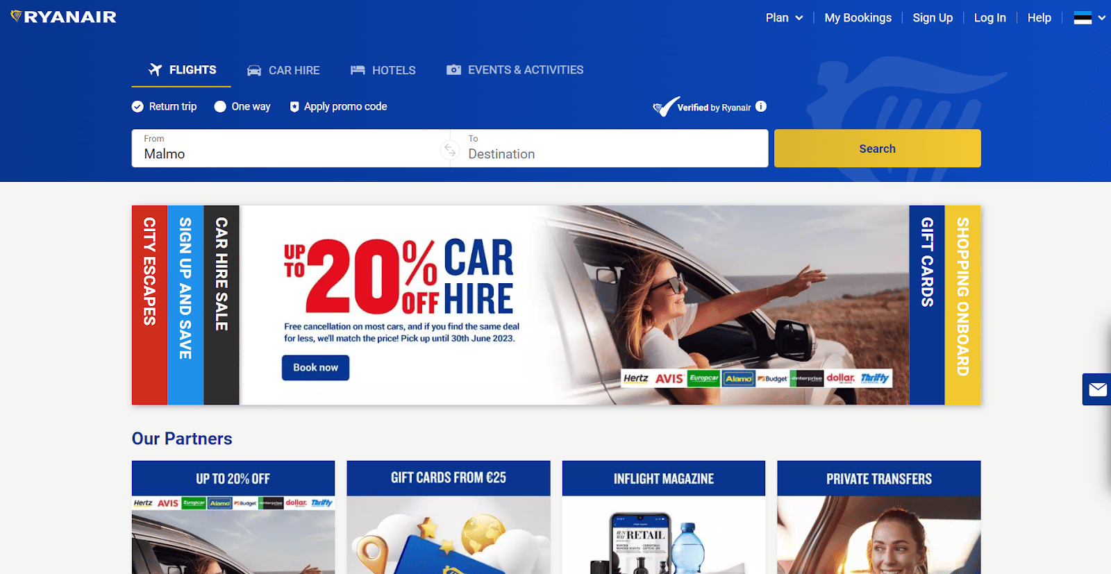 Pagina web di Ryanair come esempio di sito adattivo