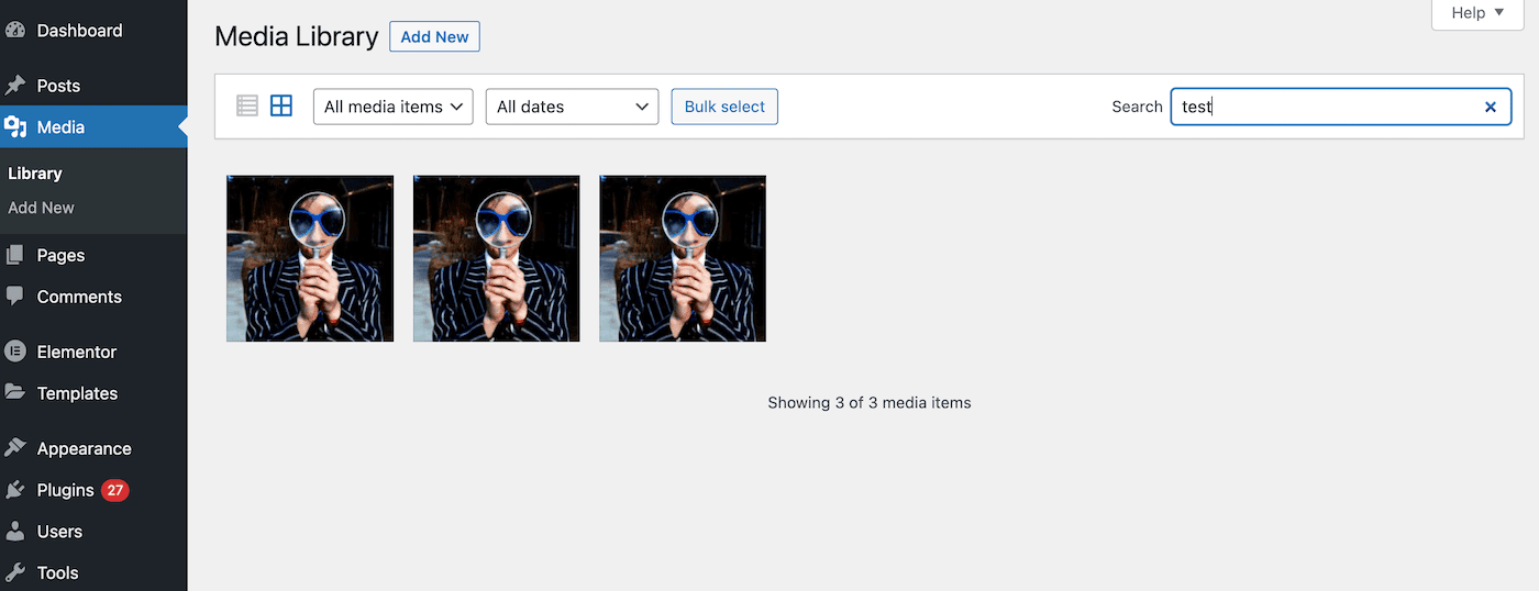 Schermata della Libreria Media di WordPress: nella barra di ricerca è stata inserita la parola test