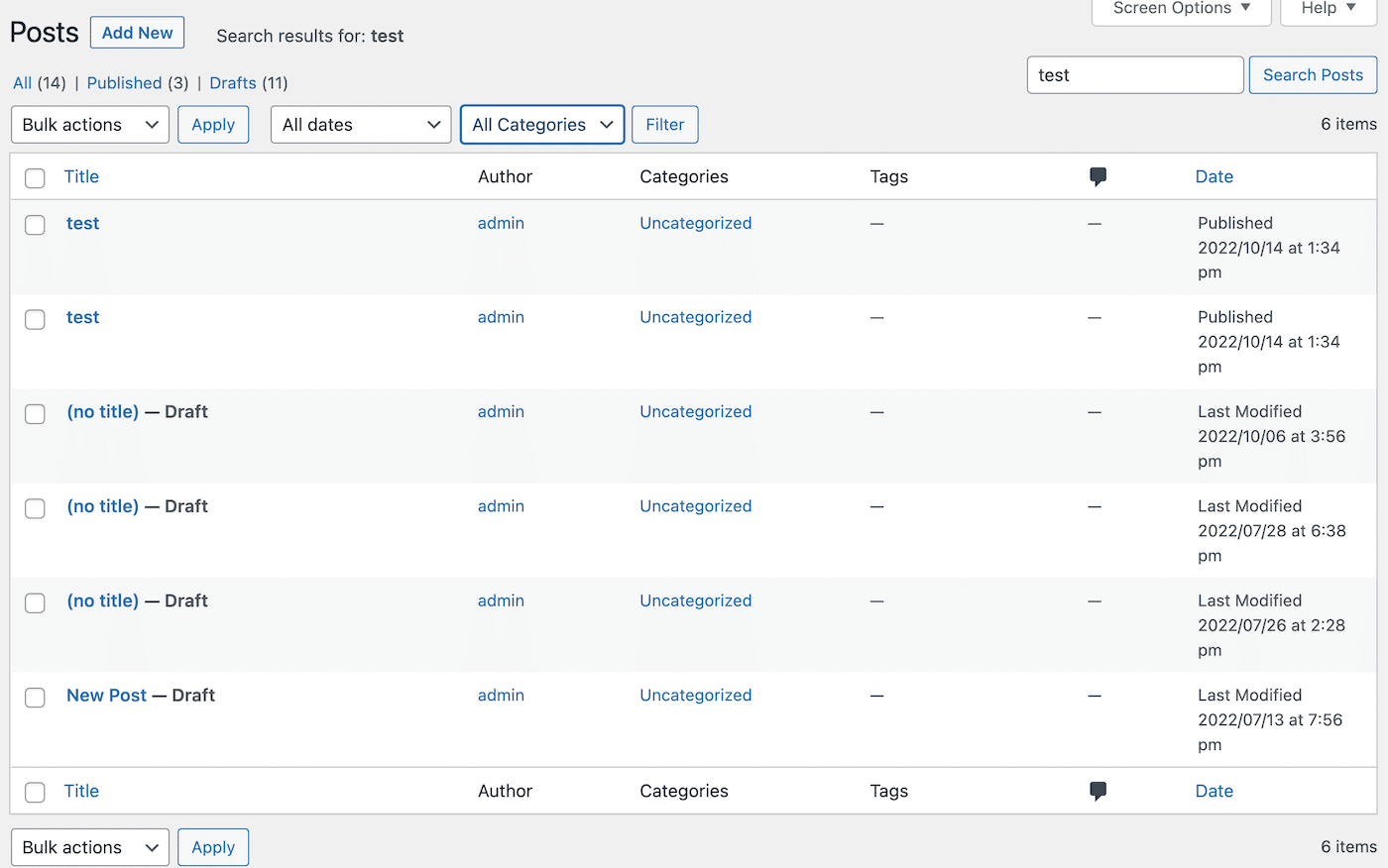 Schermata della pagina Articoli della bacheca WordPress con la barra di ricerca in cui potete inserire il permalink di destinazione