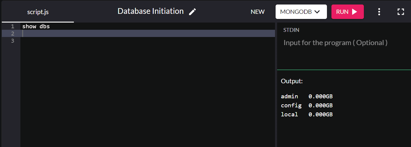 Frammento di codice per visualizzare i database esistenti nel server MongoDB.