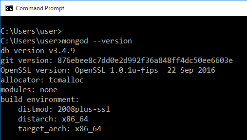 Este es un fragmento de código para comprobar la versión de MongoDB después de la instalación.