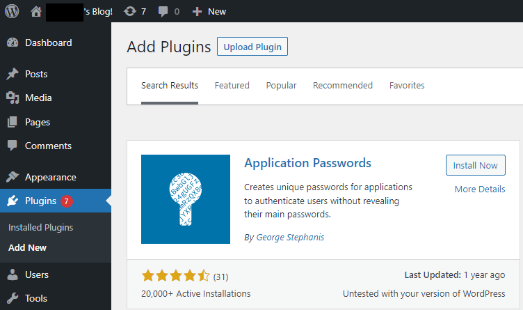 Backend dei plugin WordPress in cui è selezionato il plugin Application Passwords.