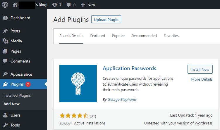 Installation og aktivering af WordPress Application Passwords plugin.