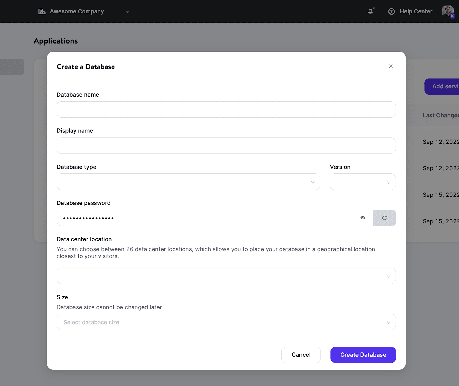 Skærmbillede af tilføjelse af en database på Kinstas cloud-platform for udviklere.