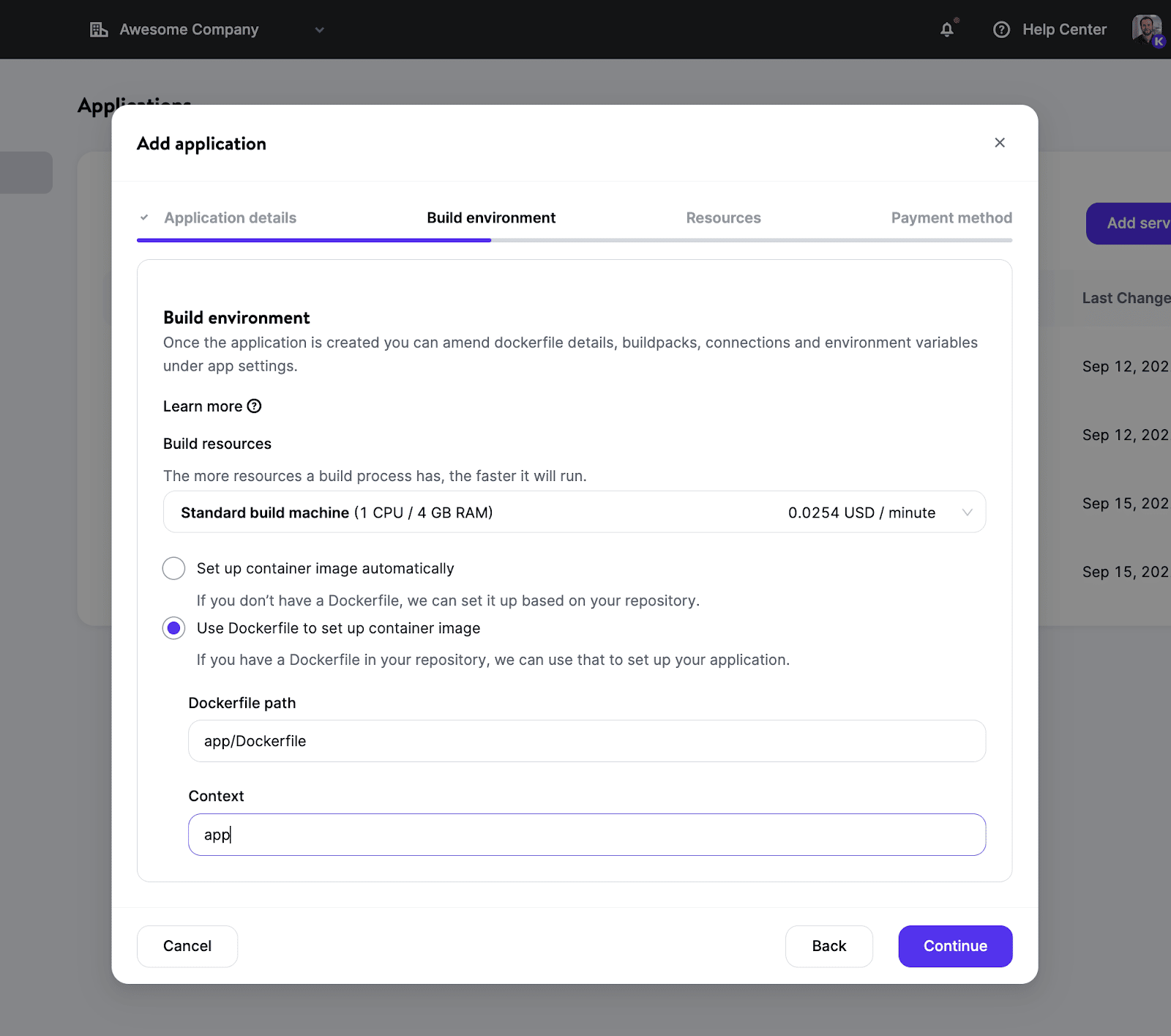 Adding an application within MyKinsta