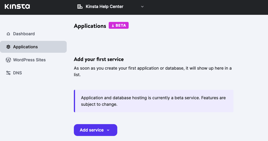 Applicaties pagina in MyKinsta gebruiken.