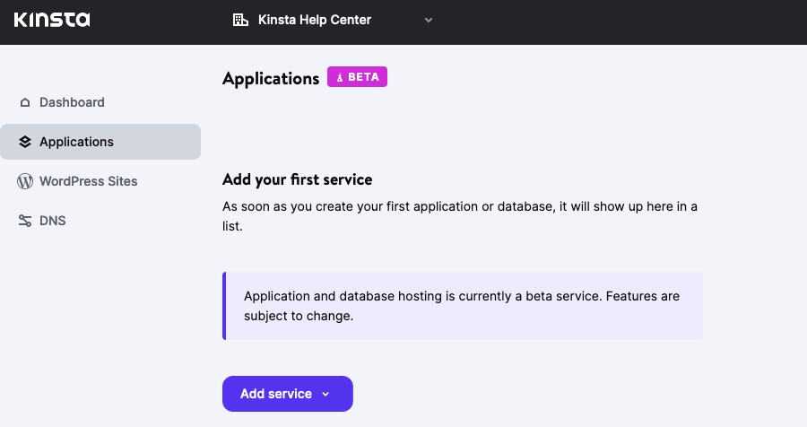 Pagina delle applicazioni in MyKinsta.