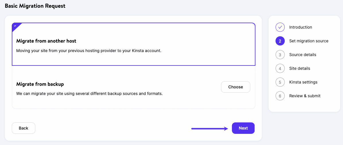 Request a migration from another host in MyKinsta.