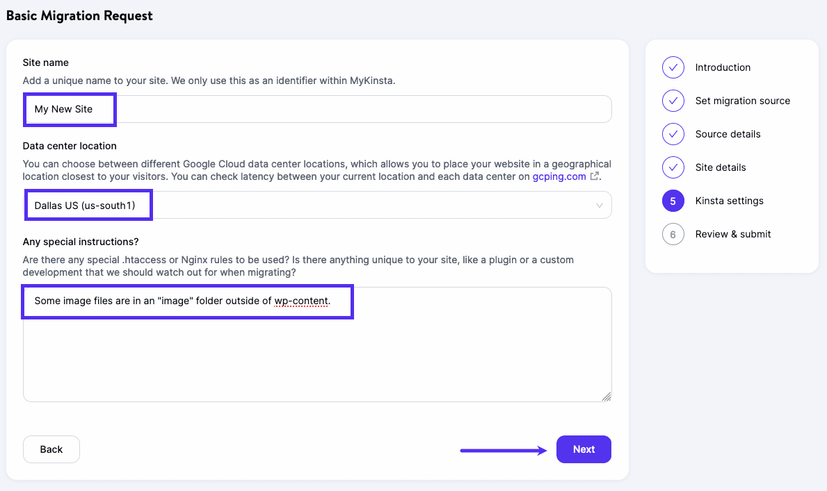 Add your Kinsta site details to your migration request.