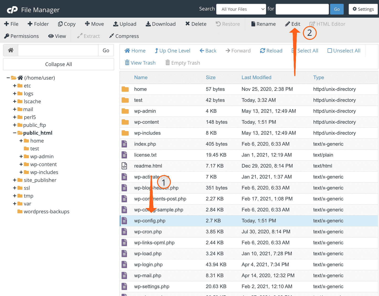 Schermata del cPanel File Manager dove comprare un elenco di cartelle e file di un’installazione WordPress. La freccia numero 1 indica il file wp-config.php, mentre la freccia numero 2 indice il pulsante Edit