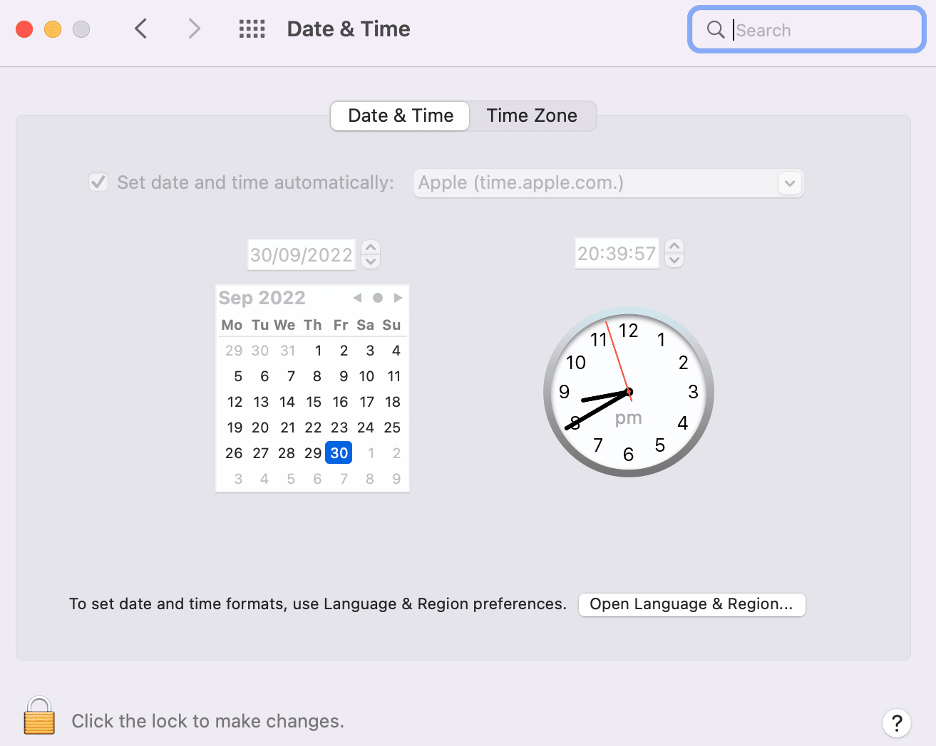 Ændringer af dato og klokkeslæt på Mac