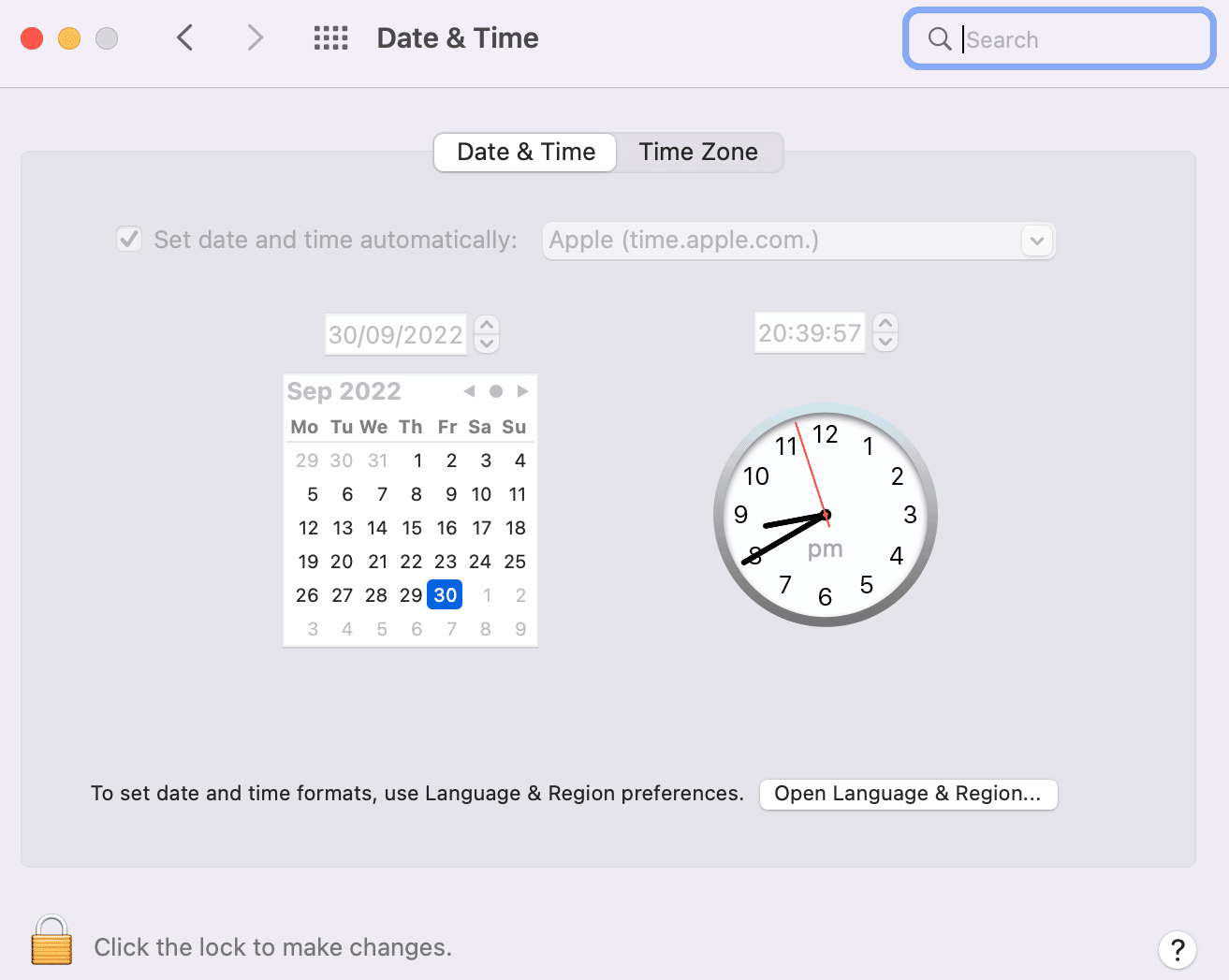 Schermata della sezione Data e Ora sul Mac